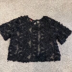 Mele & Pere Black 3D Floral Rosette Sheer Mesh Crop Top Blouse Large Whimsygoth